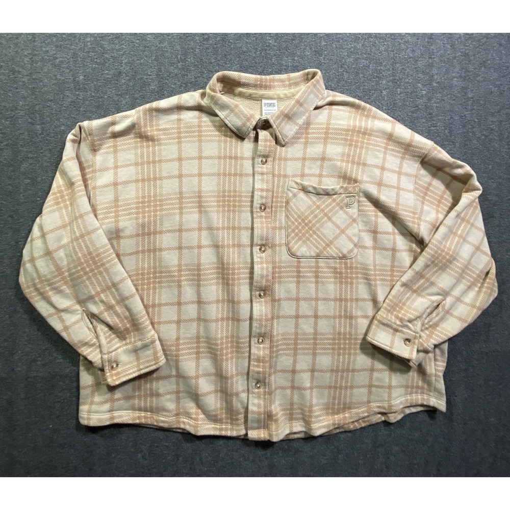 PINK Victoria's Secret Shirt Womens Plaid Button Up Pocket Beige Brown Size XXL